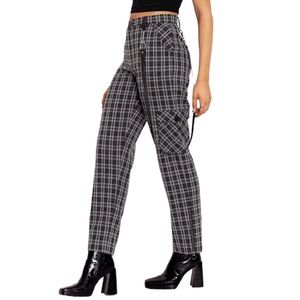 BLACKMILK Women Sz 14 Tartan Grey Zip Cargo Plaid Black White Straight Leg Pants